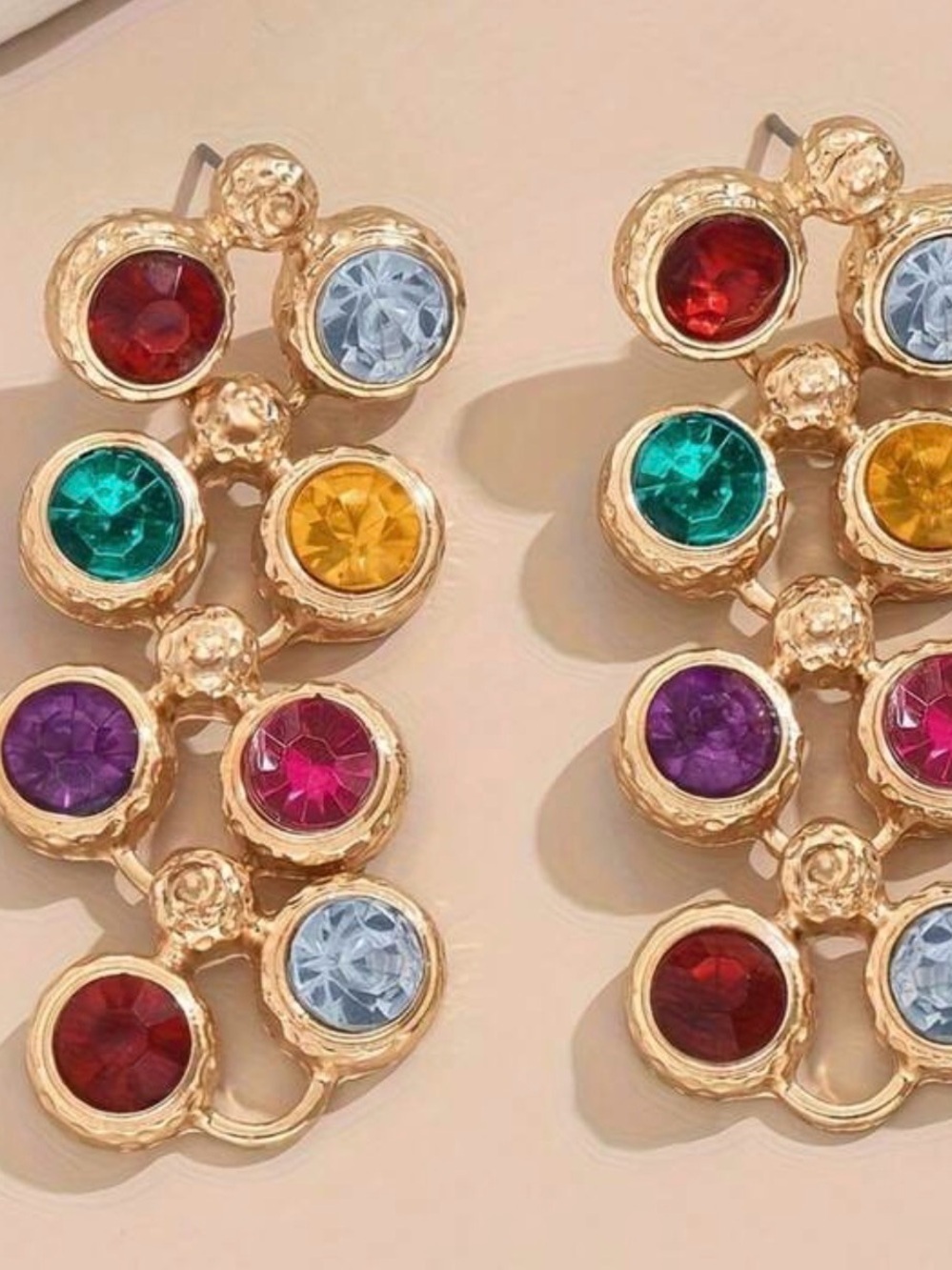 ✨ Colorful Gold-Tone Crystal Statement Drop Earrings | Multicolor Rhinestone - Picture 4 of 5